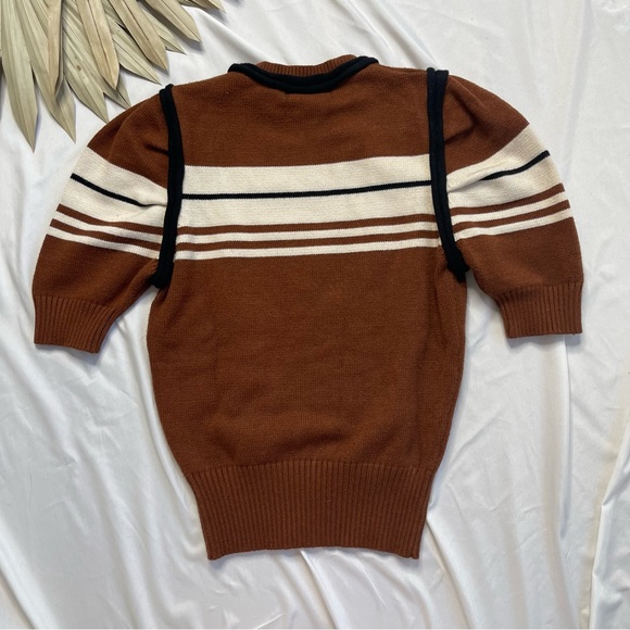 En Saison Brown Earthy Striped Puff Sleeve Black Neutral knit Sweater Size XS - Picture 5 of 7